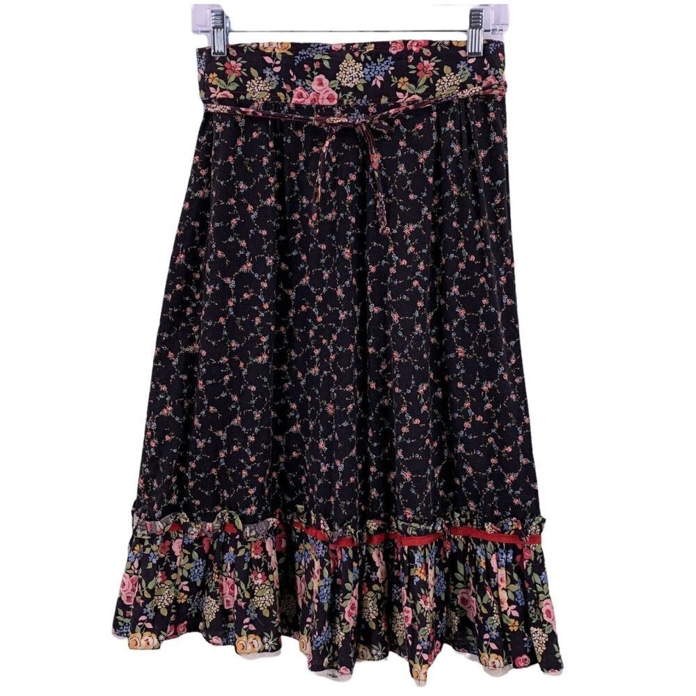 Vintage 70's Prairie Skirt Black/Multicolor Floral Ruffled CottageCore Size 13